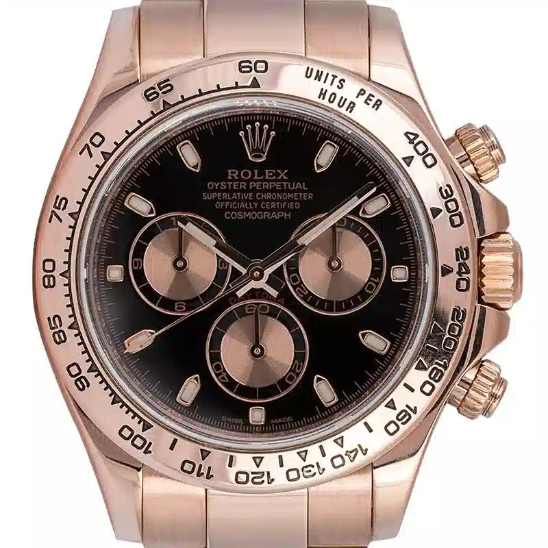 Close up - Rolex Daytona 18ct Everose Gold Black/Pink Dial 116505