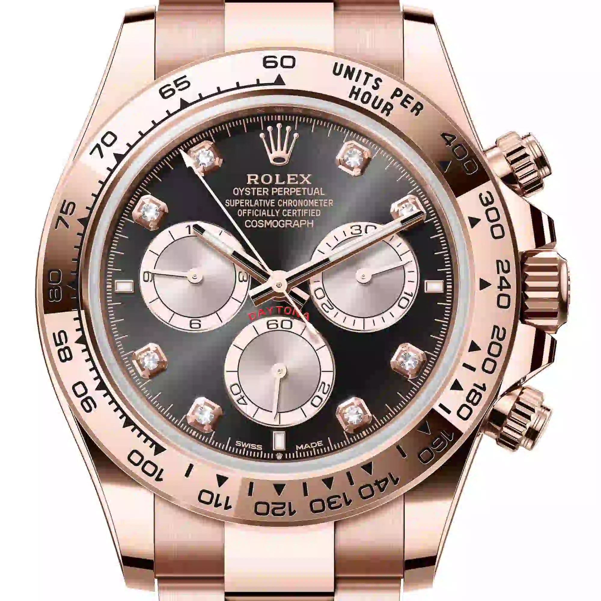 Close up - Rolex Daytona 18ct Everose Gold Black/Sundust Diamond Dial 