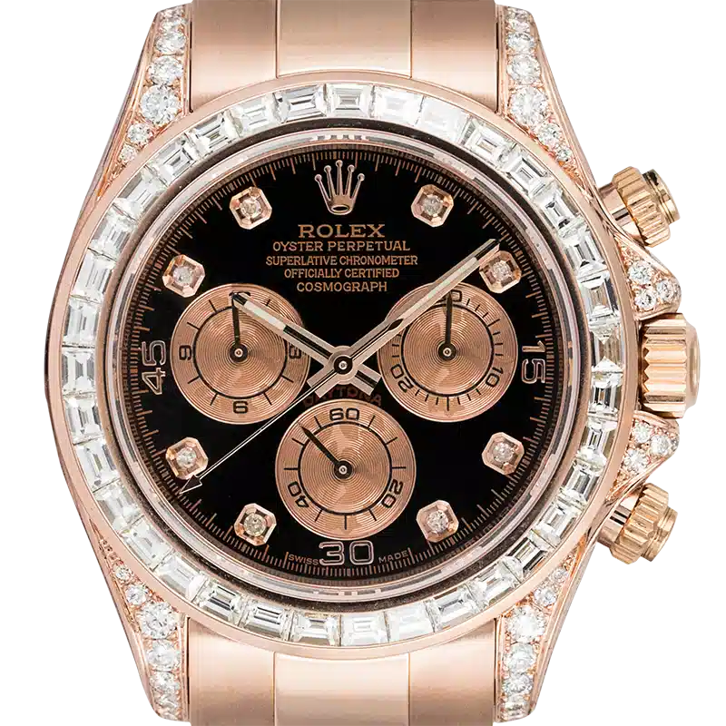 Close up - Rolex Daytona 18ct Everose Gold Custom Diamond Set 116505
