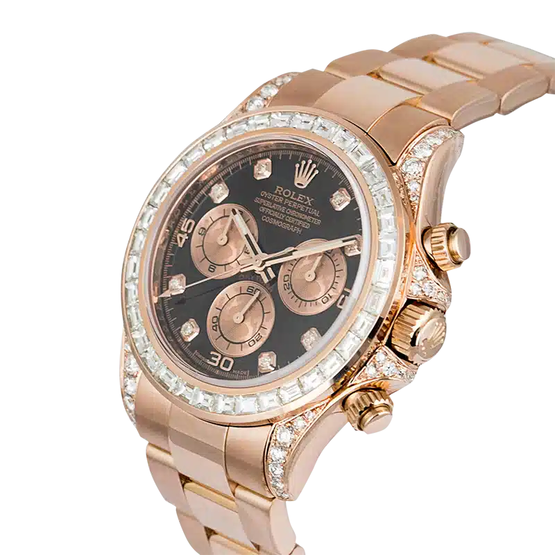 Side View - Rolex Daytona 18ct Everose Gold Custom Diamond Set 116505
