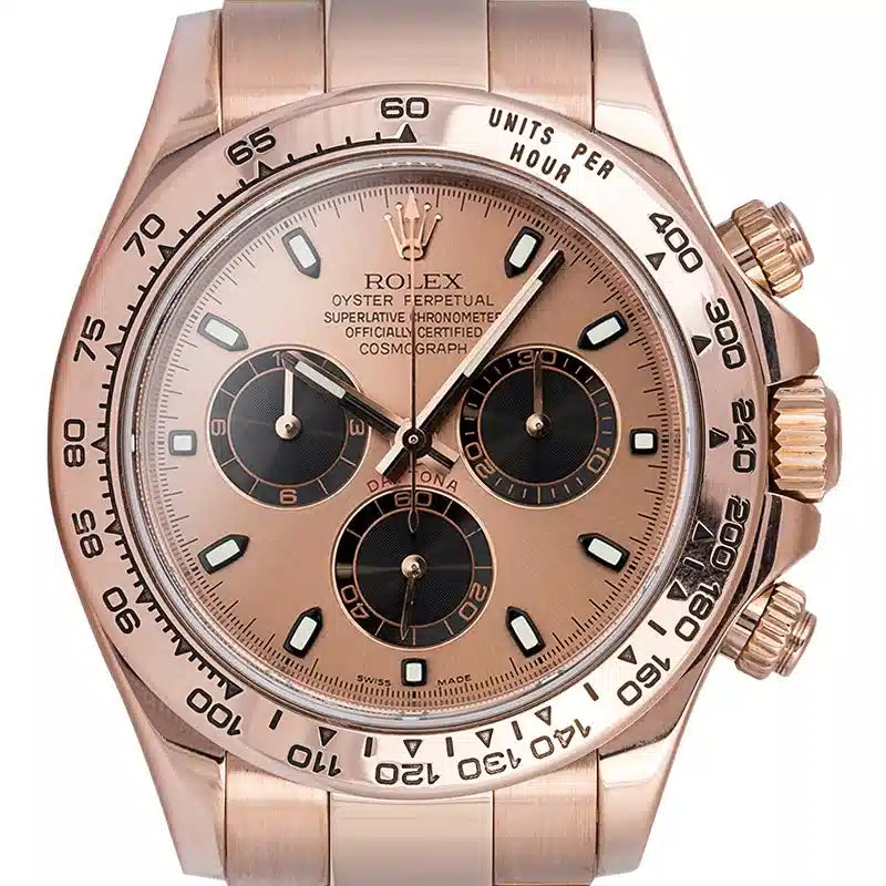 Close up - Rolex Daytona 18ct Everose Gold Watch Pink-Black/Index Watch