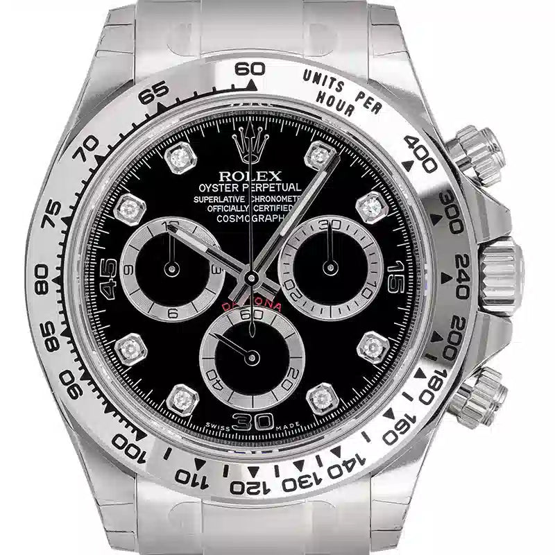 Close up - Rolex Daytona 18ct White Gold Black/Diamonds 116509