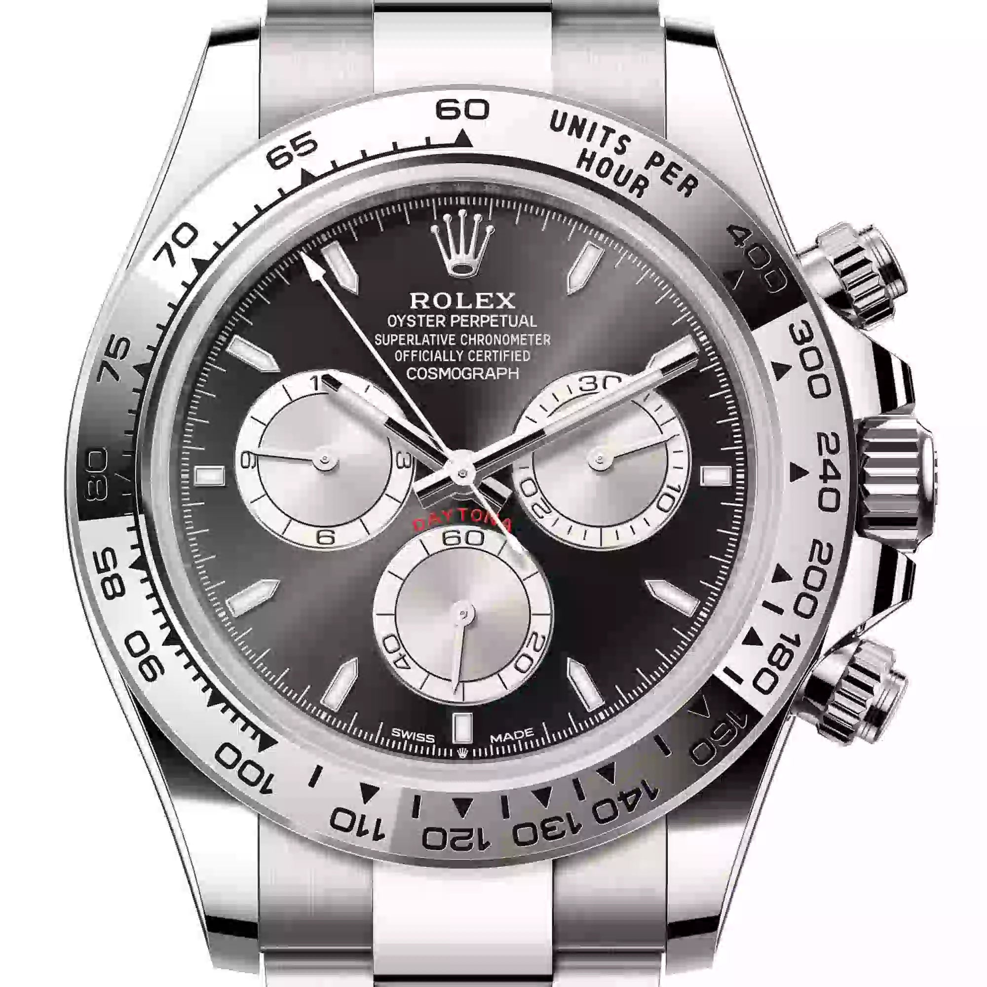 Close up - Rolex Daytona 18ct White Gold Black/Steel Dial 126509