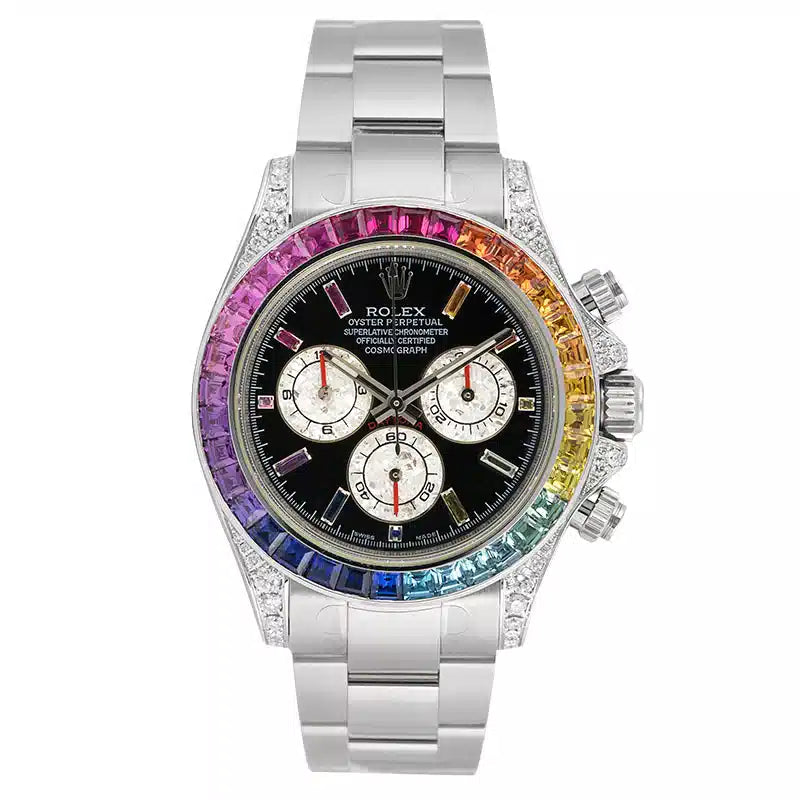 Full view - Rolex Daytona 18ct White Gold Diamond Set Custom Rainbow 
