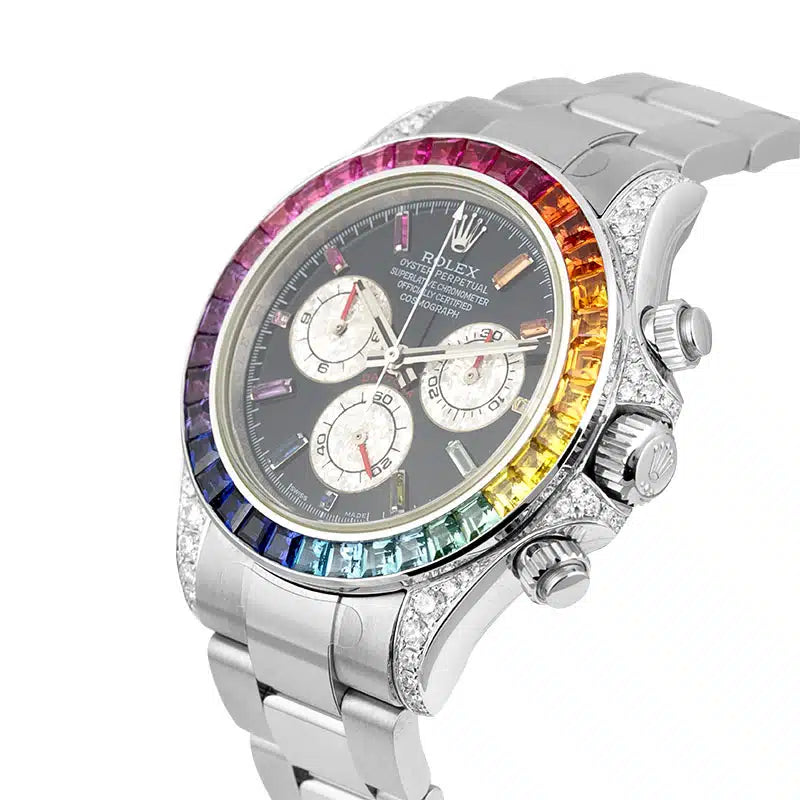 Side view - Rolex Daytona 18ct White Gold Diamond Set Custom Rainbow 
