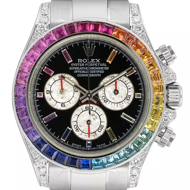 Close up - Rolex Daytona 18ct White Gold Diamond Set Custom Rainbow 