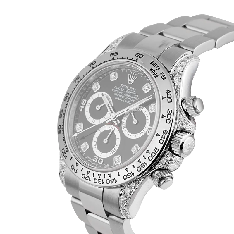 Side view - Rolex Daytona 18ct White Gold Diamond Set with Black/Diamonds Dial