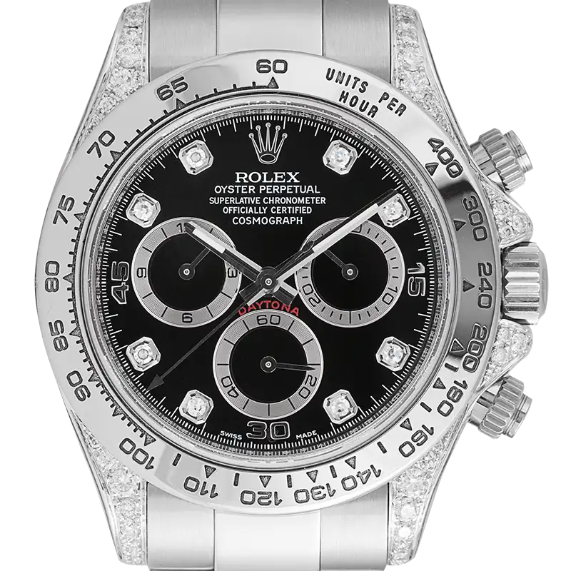 Close up - Rolex Daytona 18ct White Gold Diamond Set with Black/Diamonds Dial