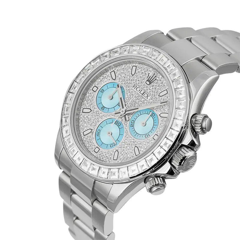 Side view - Rolex Daytona 18ct White Gold Diamond Set with Diamond Paved & Blue Dials 