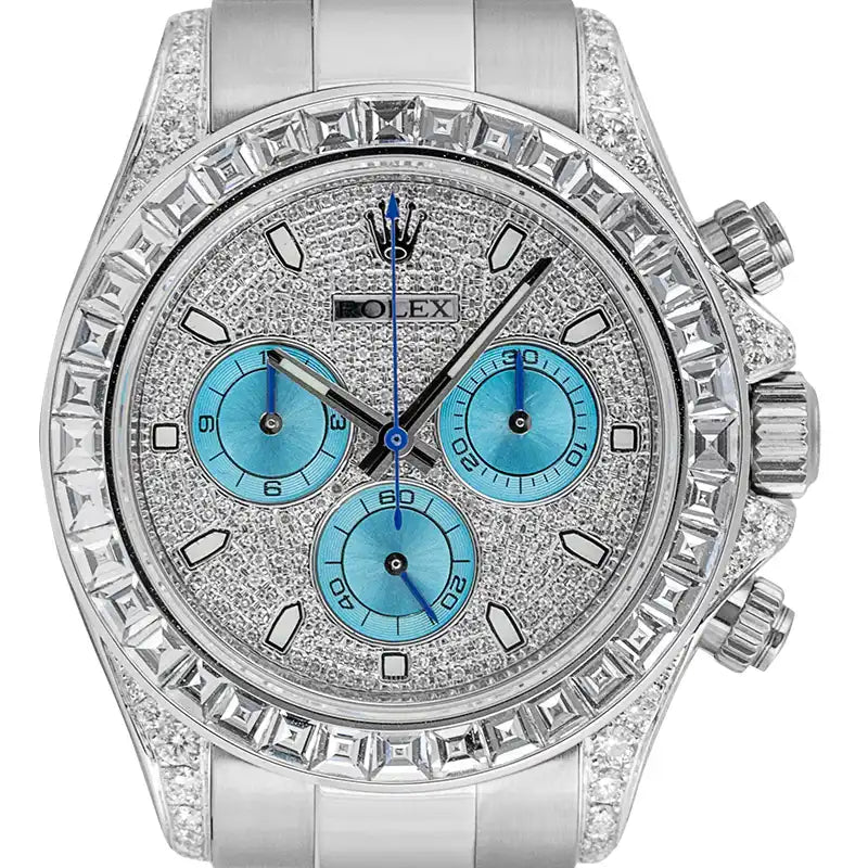 Close up - Rolex Daytona 18ct White Gold Diamond Set with Diamond Paved & Blue Dials 