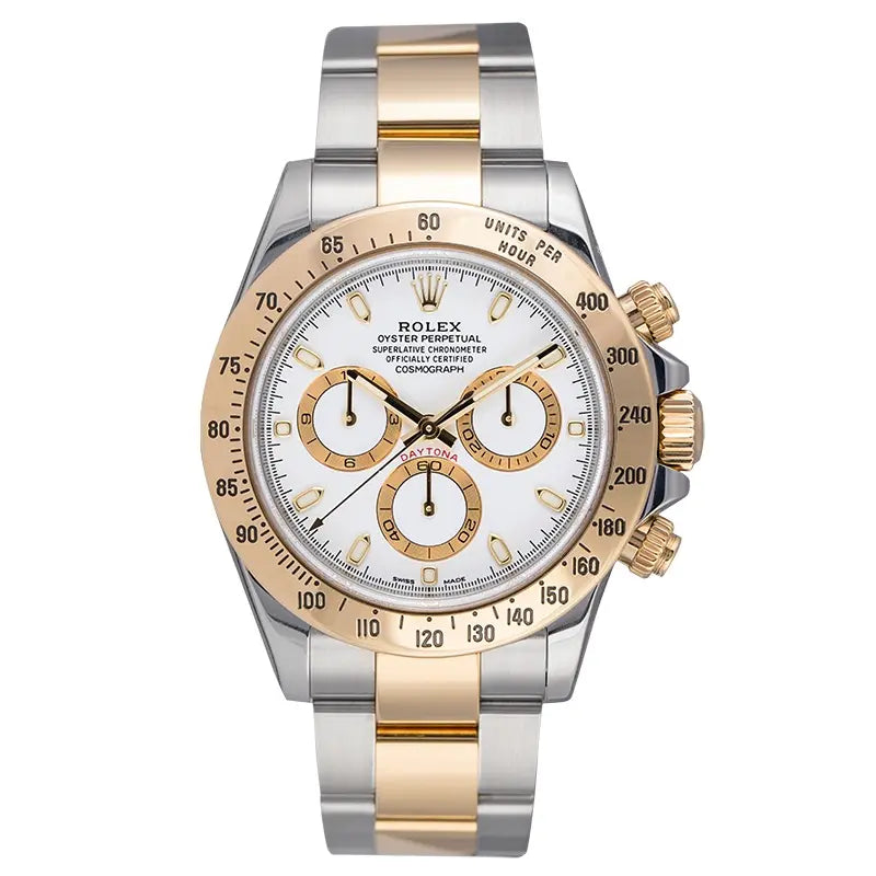 Full view of Daytona 116523 yellow gold with white dial