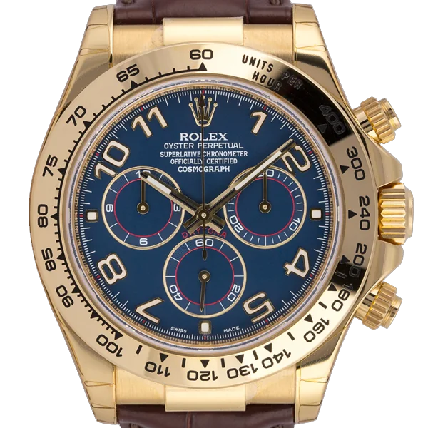Close Up - Rolex Daytona 18ct Yellow Gold Blue/Arabic Dial Brown Alligator Strap