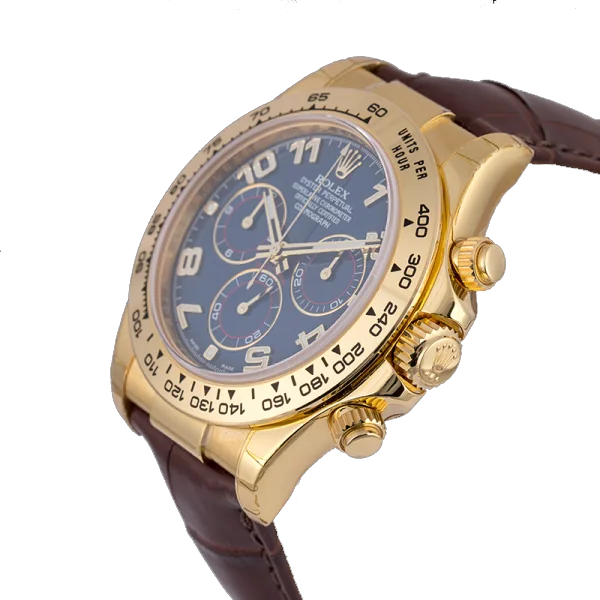 Side view - Rolex Daytona 18ct Yellow Gold Blue/Arabic Dial Brown Alligator Strap