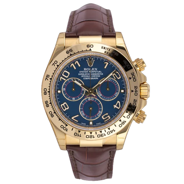 Full view - Rolex Daytona 18ct Yellow Gold Blue/Arabic Dial Brown Alligator Strap