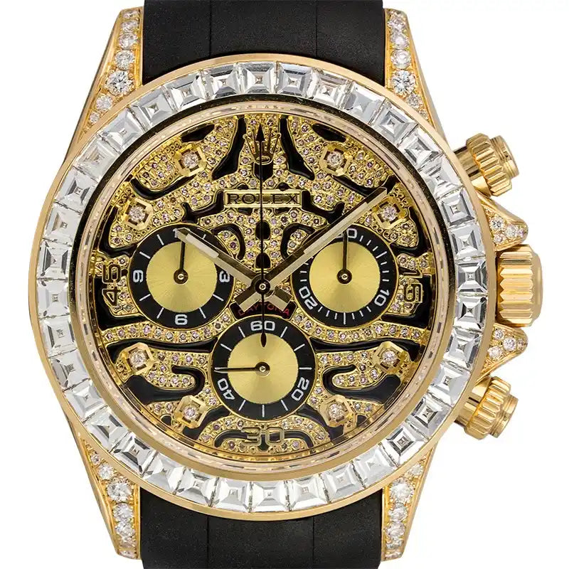 Close up - Rolex Daytona 18ct Yellow Gold Custom Diamond Set "Eye of the Tiger" 