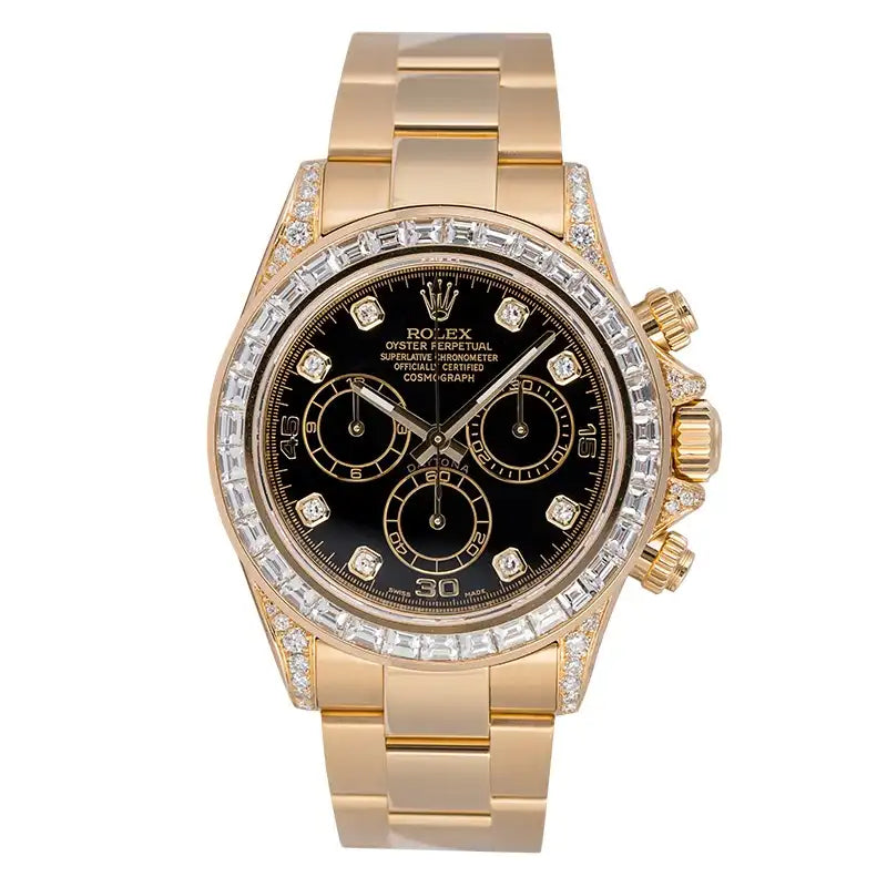 Full view - Rolex Daytona 18ct Yellow Gold Custom Diamond Set with Factory Black/Diamonds Dial