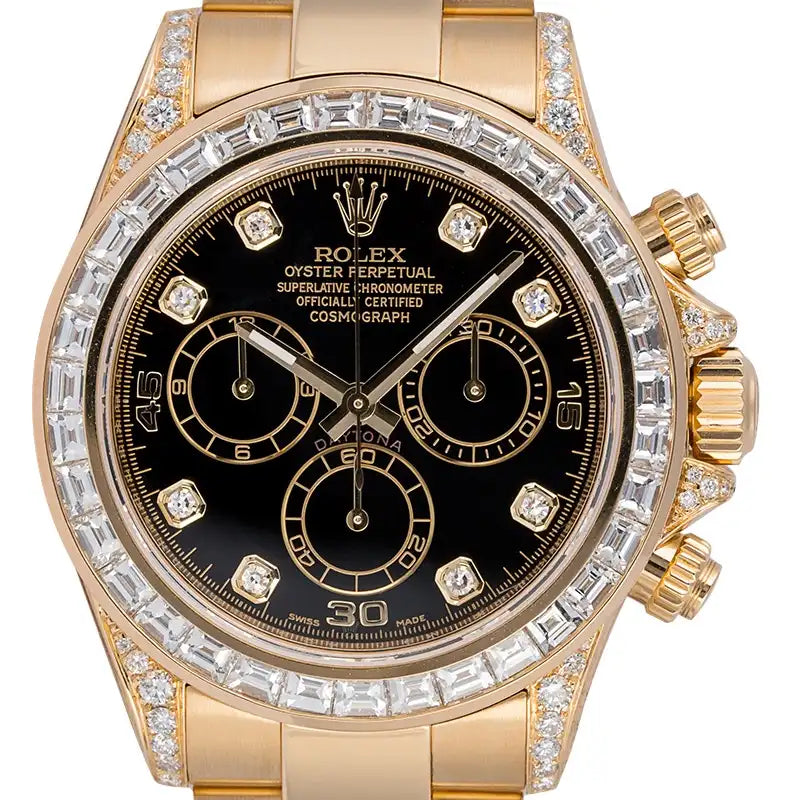 Close up - Rolex Daytona 18ct Yellow Gold Custom Diamond Set with Factory Black/Diamonds Dial