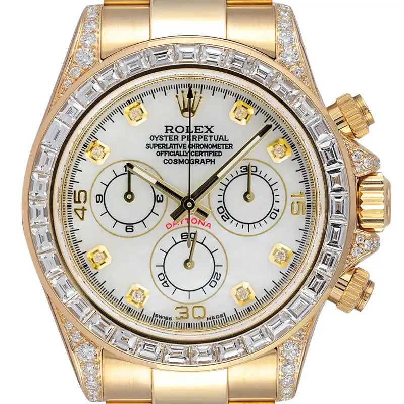 Close up - Rolex Daytona 18ct Yellow Gold Diamond Set with Custom White MOP Dial