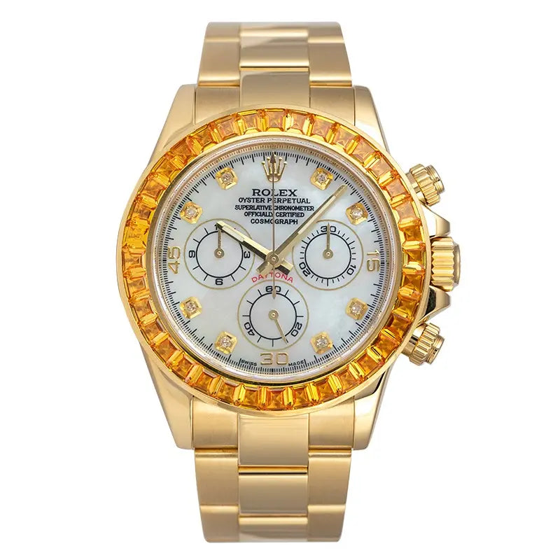 Full view - Rolex Daytona 18ct Yellow Gold with Custom Orange Bezel &  MOP Dial 