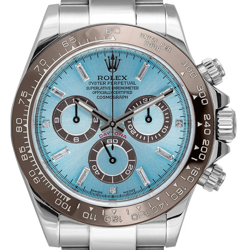 Close up - Rolex Daytona in Steel with Custom Ice Blue/Diamonds Dial & Custom Bezel