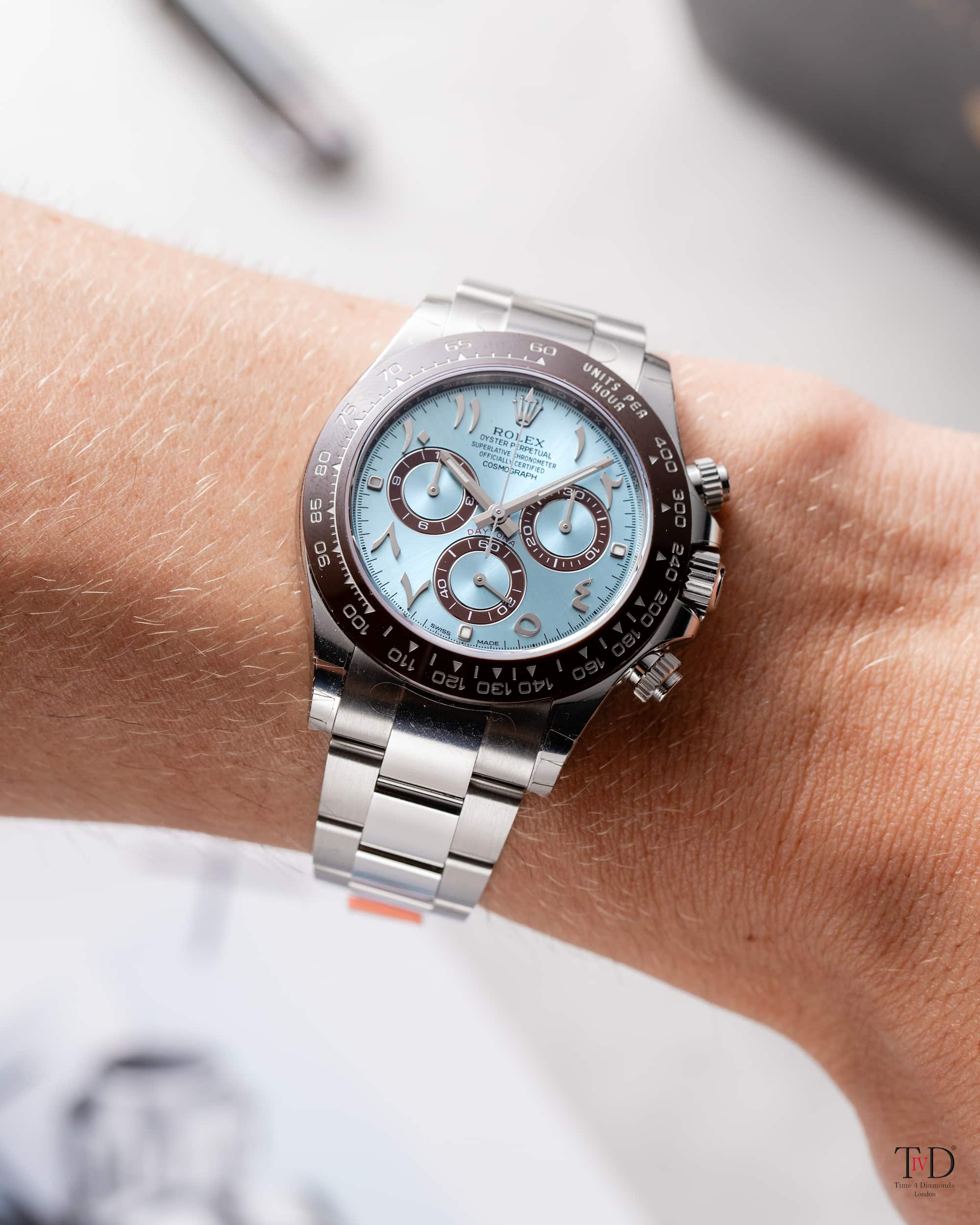 Wrist shot of the Rolex Daytona Platinum Ice-Blue/Arabic Dial 116506