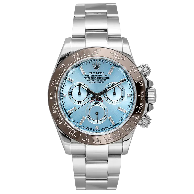 Full view - Rolex Daytona Stainless Steel custom Brown Ceramic Bezel Ice Blue/Diamonds 116520