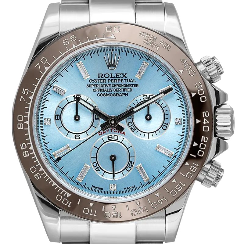 Close up - Rolex Daytona Stainless Steel custom Brown Ceramic Bezel Ice Blue/Diamonds 116520