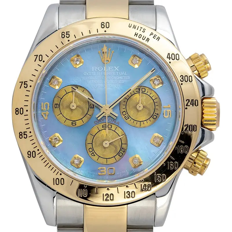 Close up - Rolex Daytona Steel and Yellow Gold with Custom Mother or Pearl Dial 