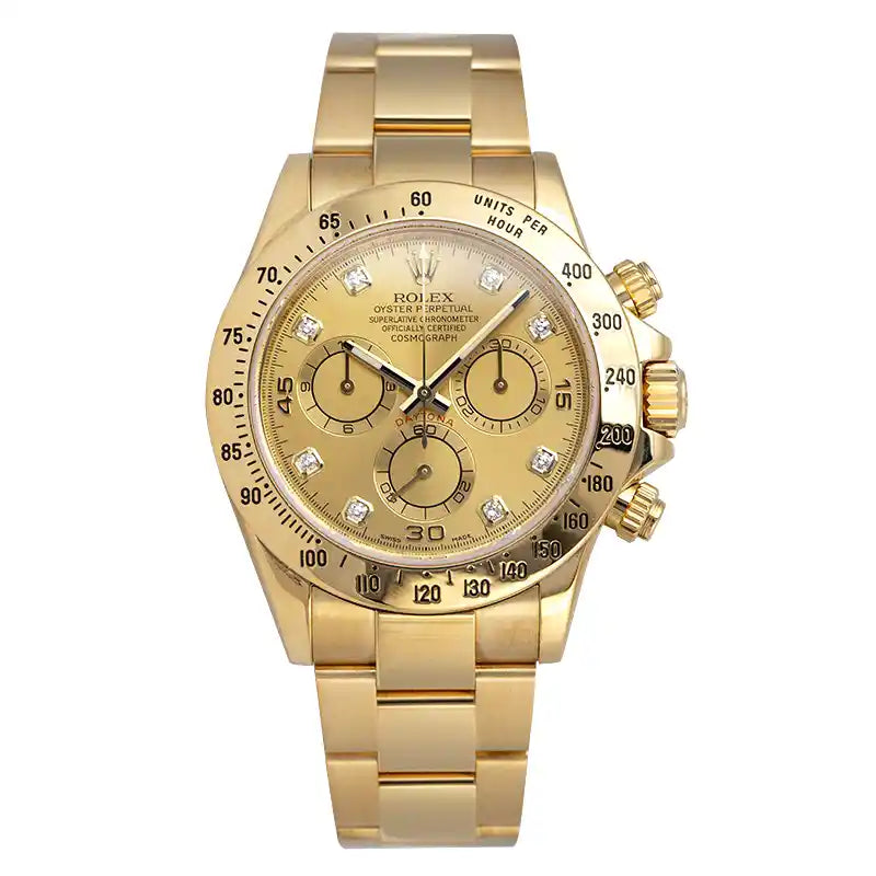 Full view - Rolex Daytona Yellow Gold Champagne/Diamond Dial 116528 Watch