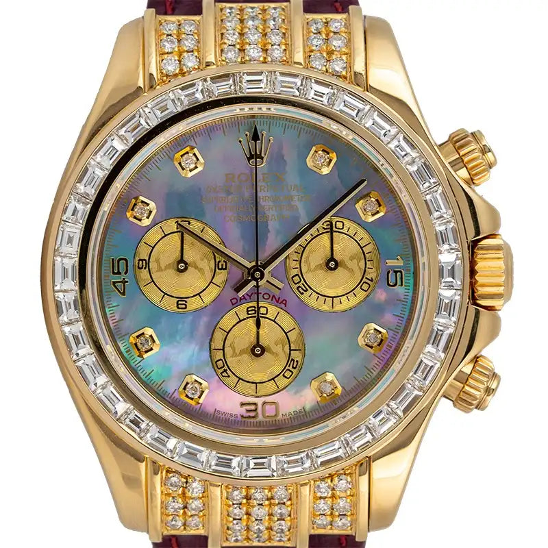 Close up - Rolex Daytona Yellow Gold Diamond Set Custom MOP Dial 116518