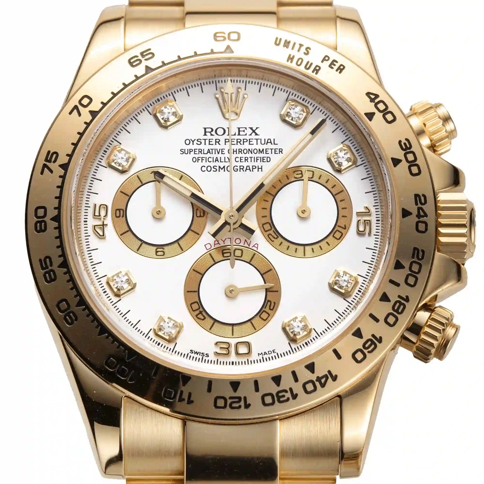 Close up - Rolex Daytona Yellow Gold White Diamond Dial 116508 Watch