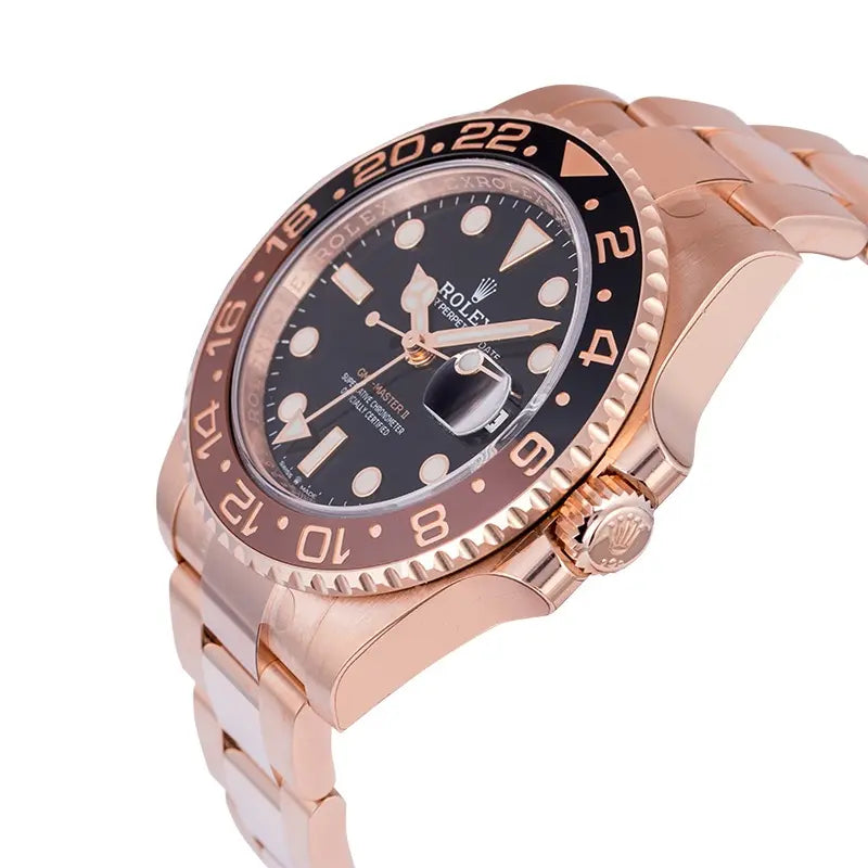 Crown side view of the Rolex GMT-Master II watch in 18ct Everose Gold with black dial and black brown bezel reference 126715CHNR.