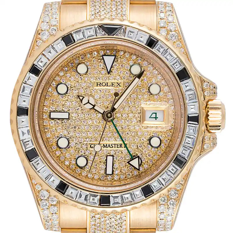 Close up - Rolex GMT-Master II 18ct Yellow Gold Diamond Set with Custom Dial & Bezel 116718LN
