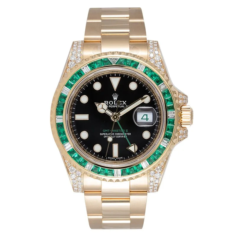 Full view - Rolex GMT-Master II 18ct Yellow Gold Diamond Set with Custom Green Emerald Bezel 116718LN