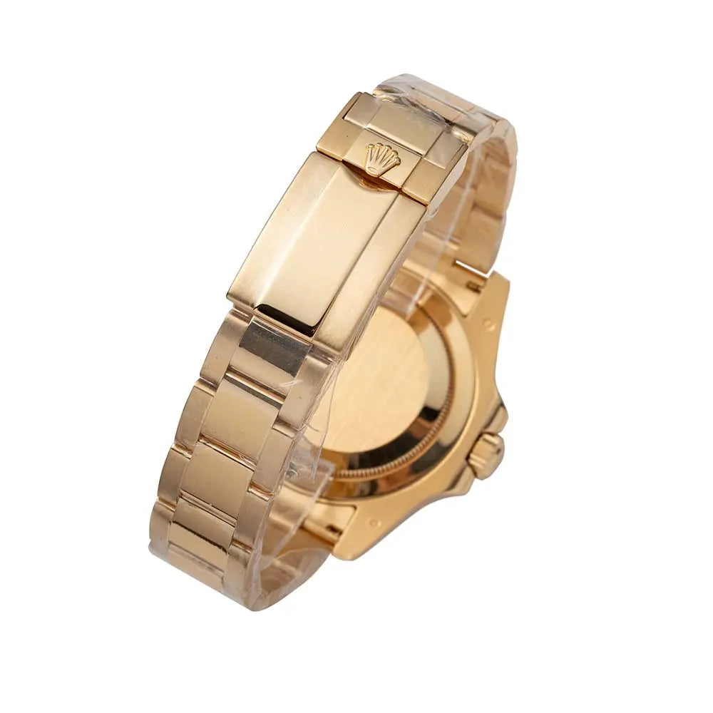 Clasp and case back view of the Rolex GMT-Master II in 18ct Yellow Gold with a Green Dial ref. 116718LN.