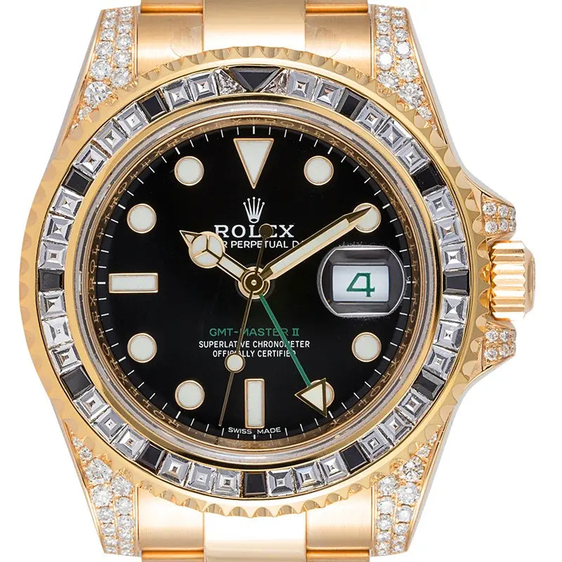 Close up - Rolex GMT-Master II 18ct Yellow Gold with Custom Diamond Bezel 116718LN