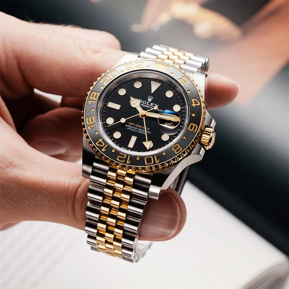 In person, observe the Rolex GMT-Master II Steel/Yellow Gold Jubilee 126713GRNR Watch.