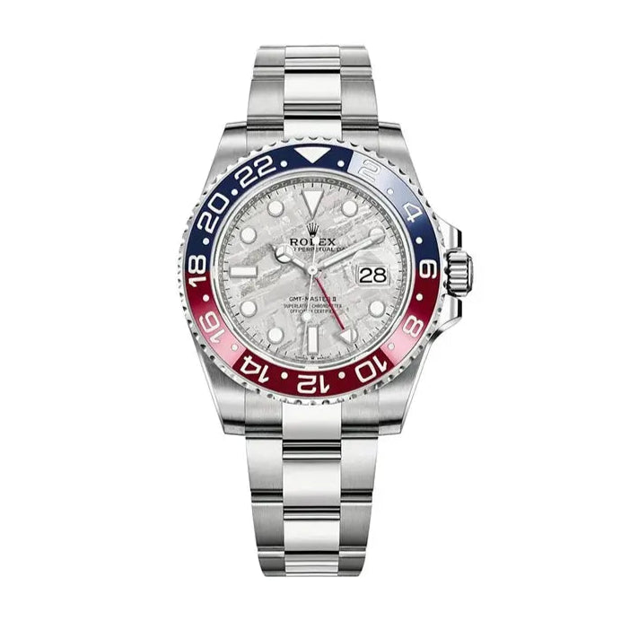 Full view of the Rolex GMT-Master II 126719BLRO in white gold with meteorite dial and blue-red "Pepsi" bezel.