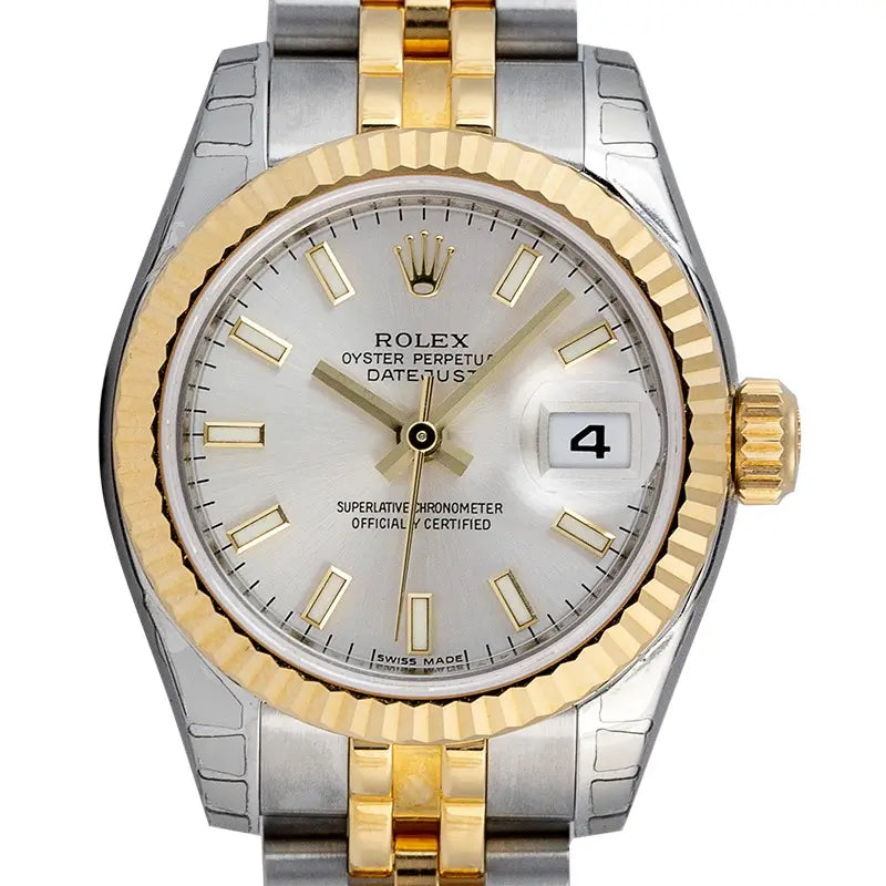 Close up - Rolex Lady DateJust 26mm Steel & Yellow Gold Silver Dial 179173