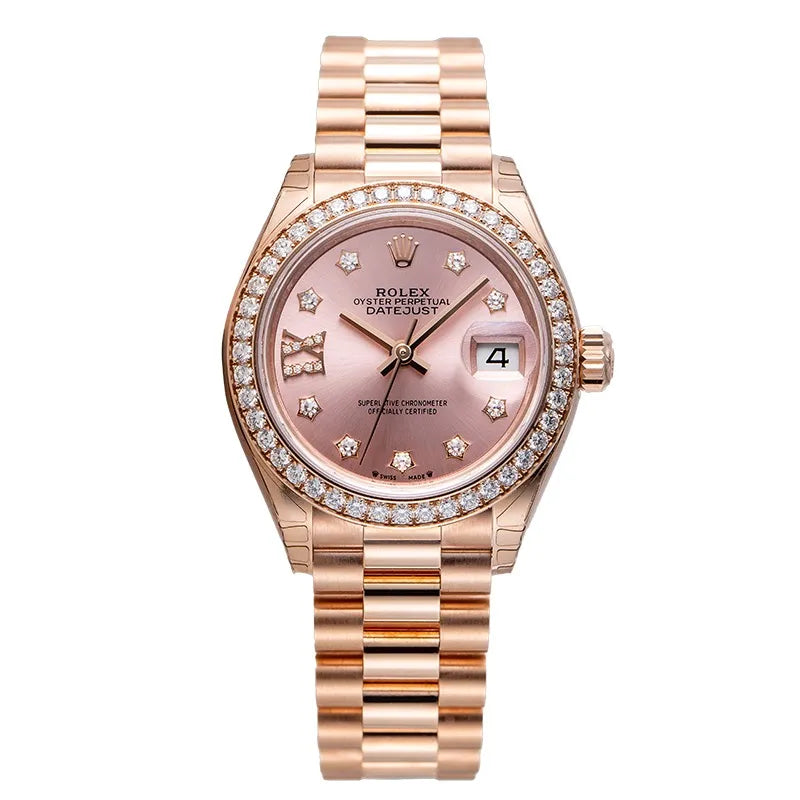 Full view - Rolex Lady Datejust 28 Rose Gold Diamond IX Dial & Bezel President Bracelet 279135RBR
