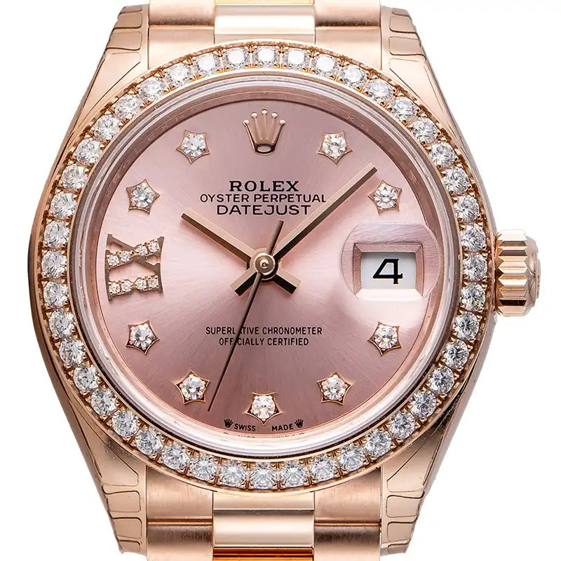 Close up - Rolex Lady Datejust 28 Rose Gold Diamond IX Dial & Bezel President Bracelet 279135RBR
