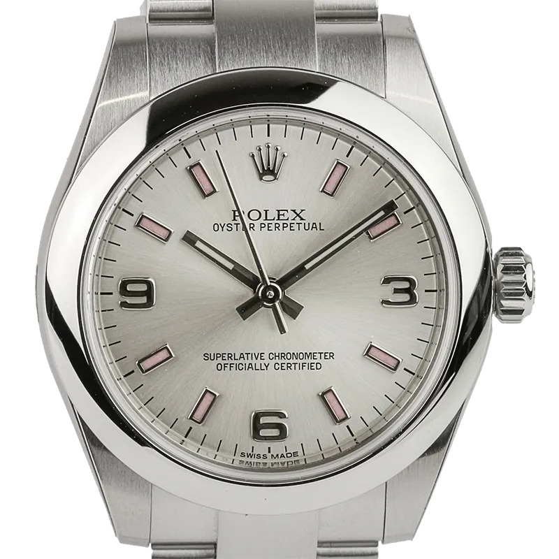Close up - Rolex Oyster Perpetual 31mm Silver/Arab Pink Index Oyster 177200
