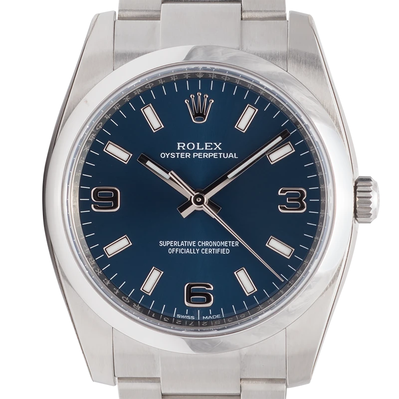 Close up - Rolex Oyster Perpetual 34 Steel Blue Dial Oyster 114200
