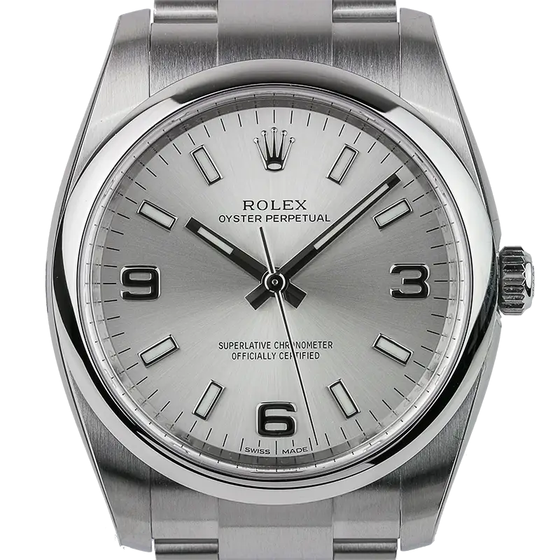 Close up - Rolex Oyster Perpetual 34mm Silver/Arab Oyster 114200