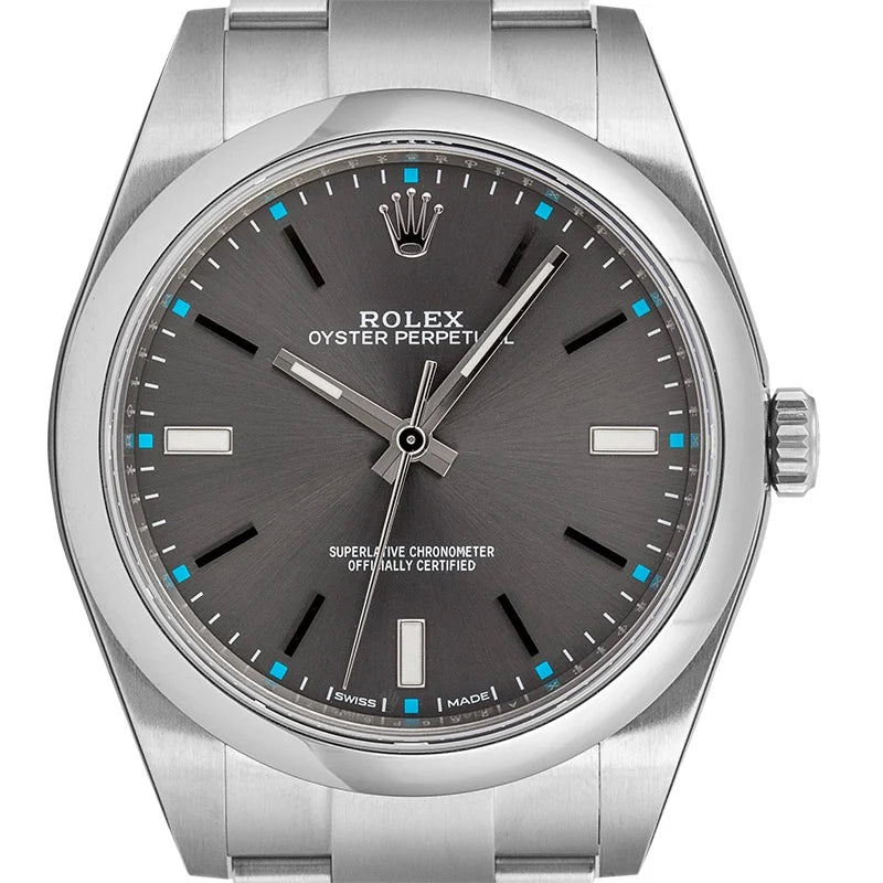 Close up - Rolex Oyster Perpetual 39 Steel Dark Rhodium Dial Steel 114300