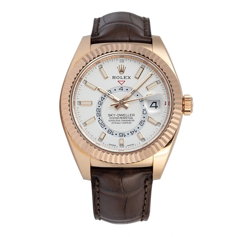 Full view - Rolex Sky Dweller 18ct Everose Gold White Dial Leather Strap 326135 Watch