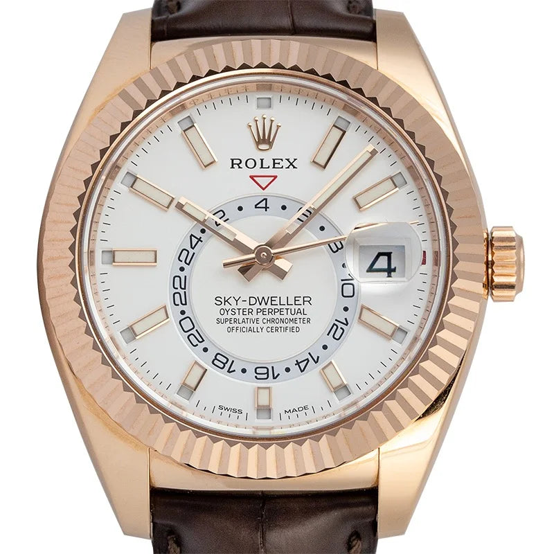 Close up - Rolex Sky Dweller 18ct Everose Gold White Dial Leather Strap 326135 Watch