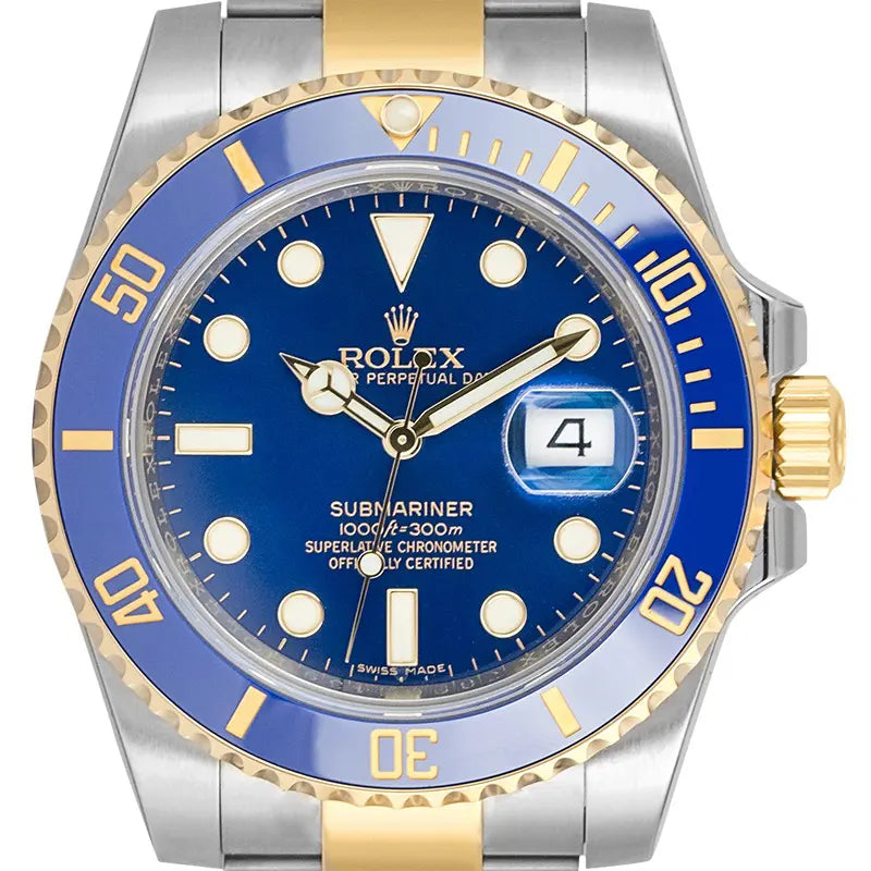 Close up - Rolex Submariner Date 18ct Yellow Gold & Stainless Steel Blue/indexes 116613LB