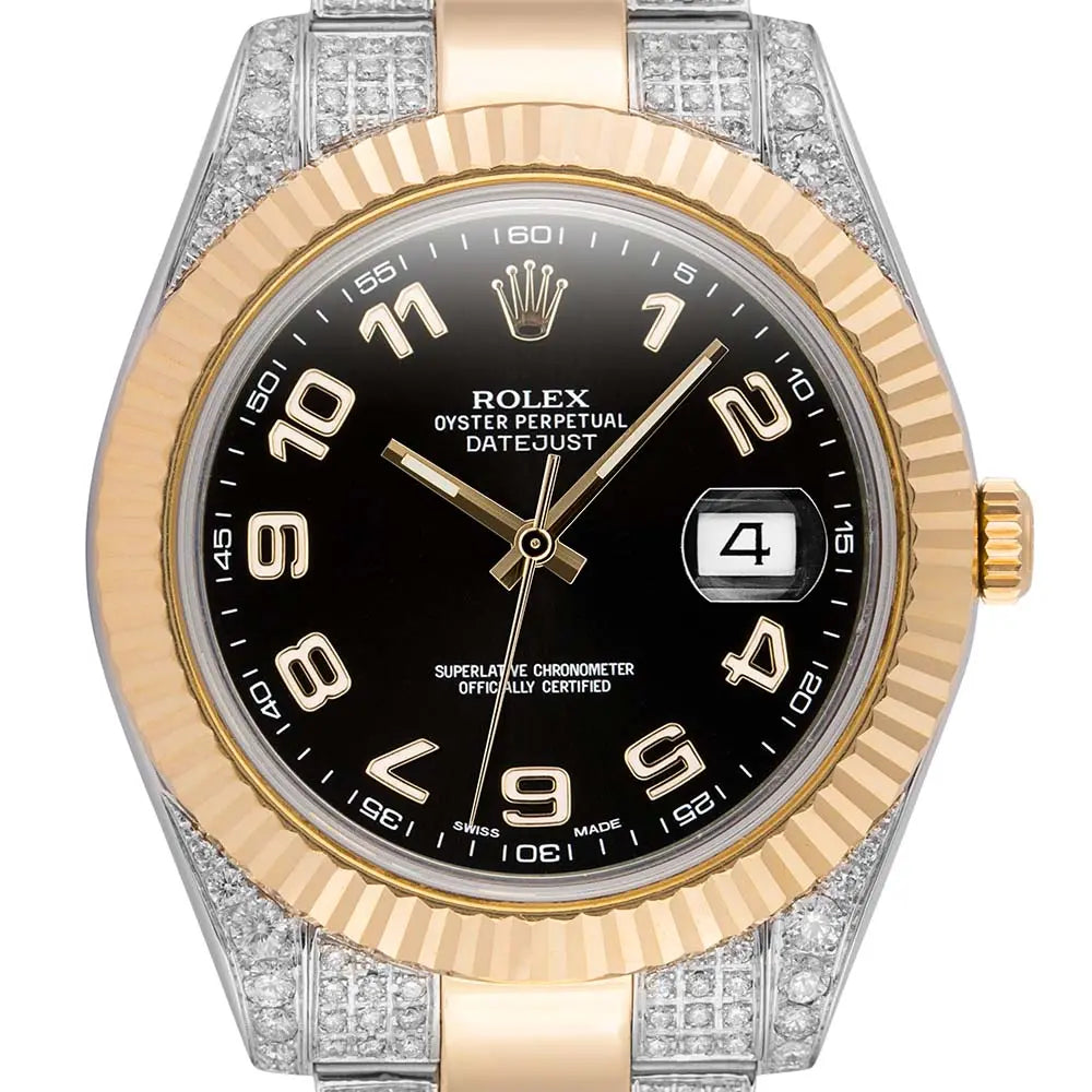 Custom Diamond Set Rolex Datejust Steel Gold Black Dial 116333
