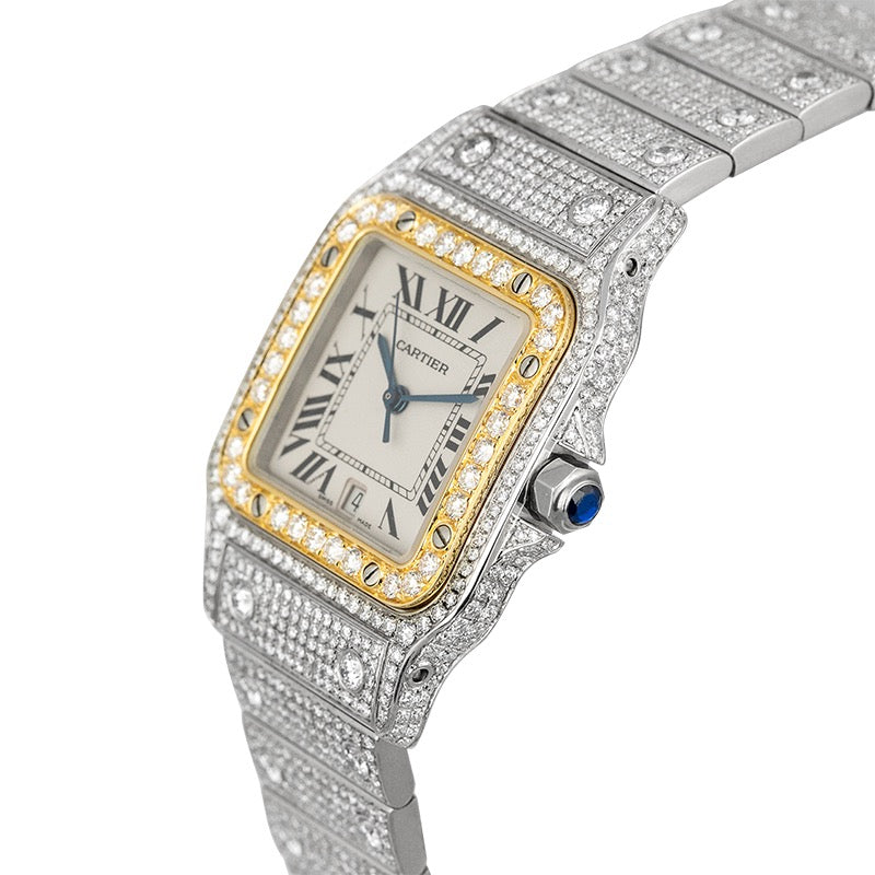 Custom Diamond Set Cartier Santos Galbèe Medium Steel and Gold W20011C4